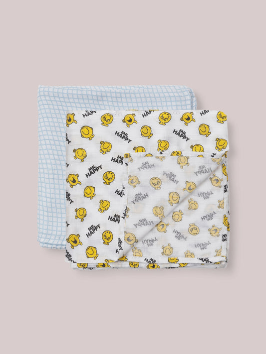 Mr. Happy Swaddle Blanket set of 2 flat lay