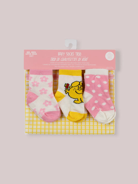 Set of 3 Little Miss Sunshine Baby Socks attached to mesh case
