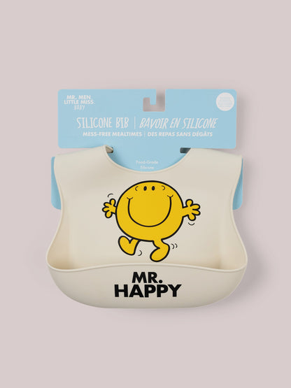 Mr. Happy silicone bib attached to hang tag