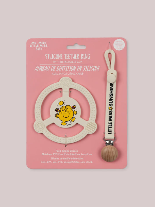 Little Miss Sunshine Silicone Teether ring with detachable clip on cardboard tag