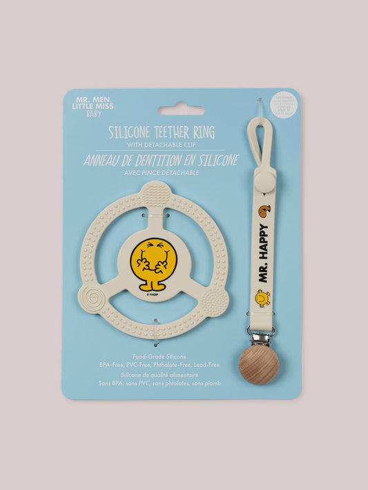 Mr. Happy silicone teether ring and detachable clip on cardboard hang tag