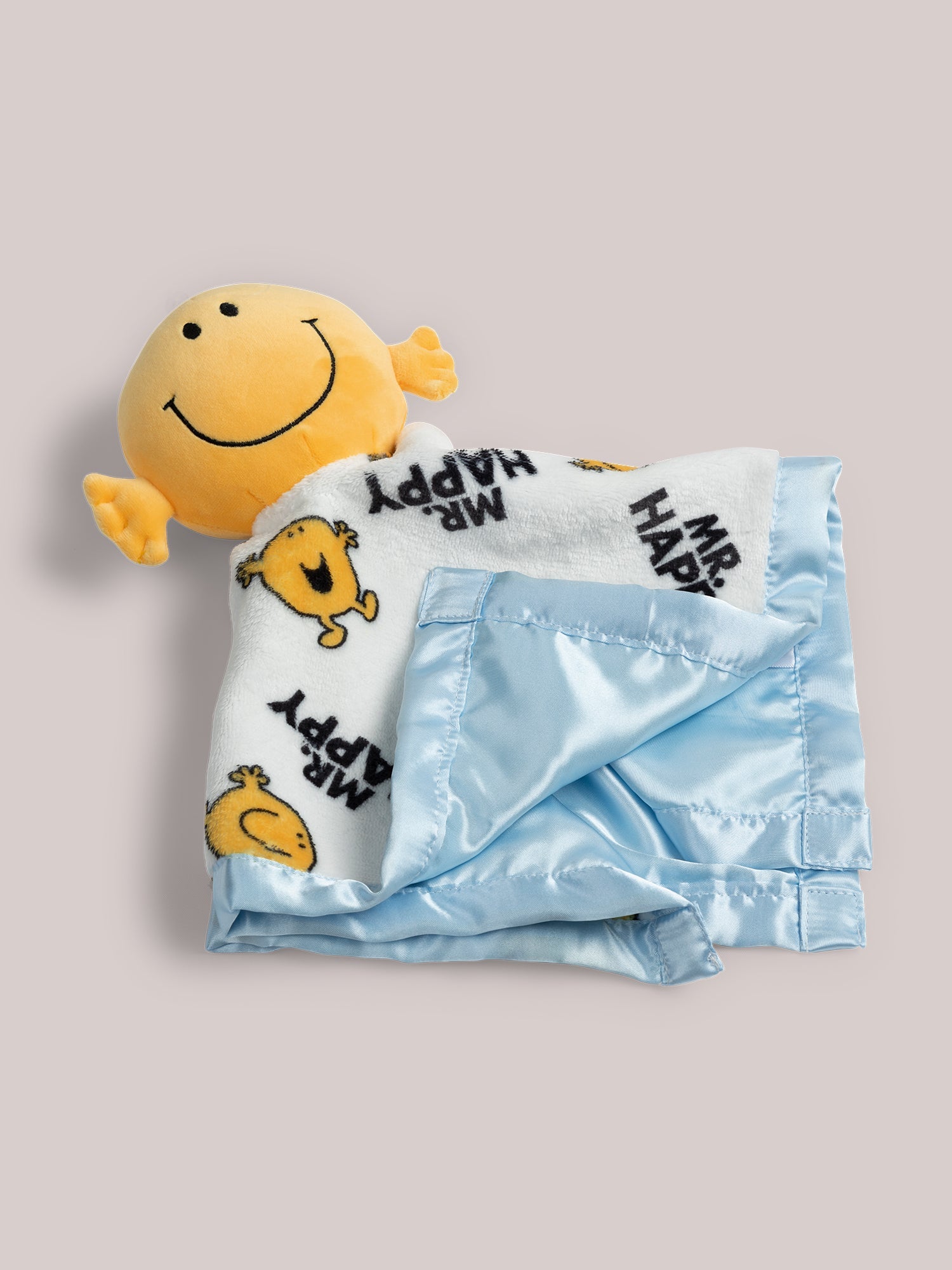Mr. Happy security blanket folded showing satin reverse side