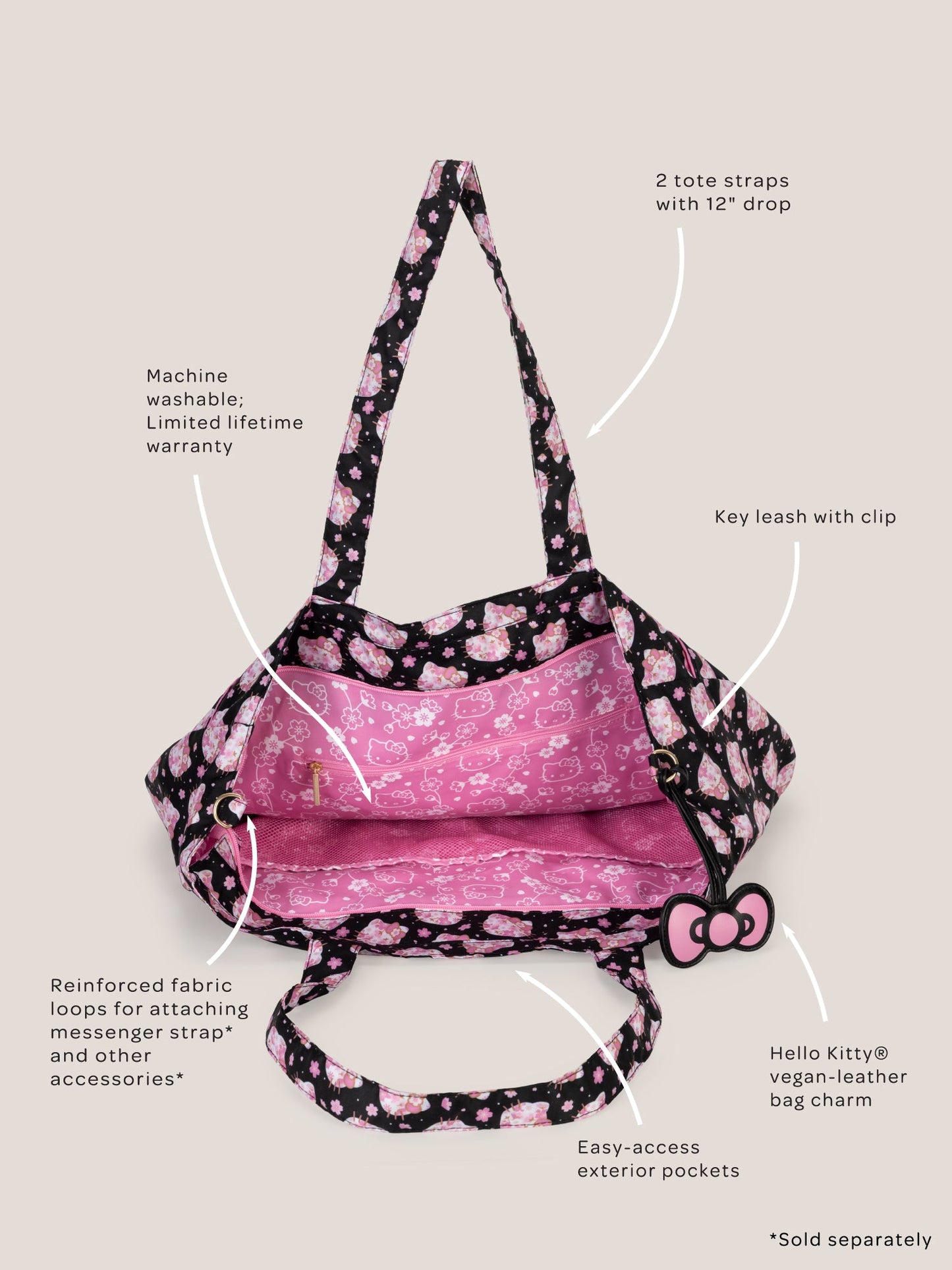 Hello Kitty® × JuJuBe Cherry Blossoms Super Be Large Diaper Bag Duffel — Black and Pink