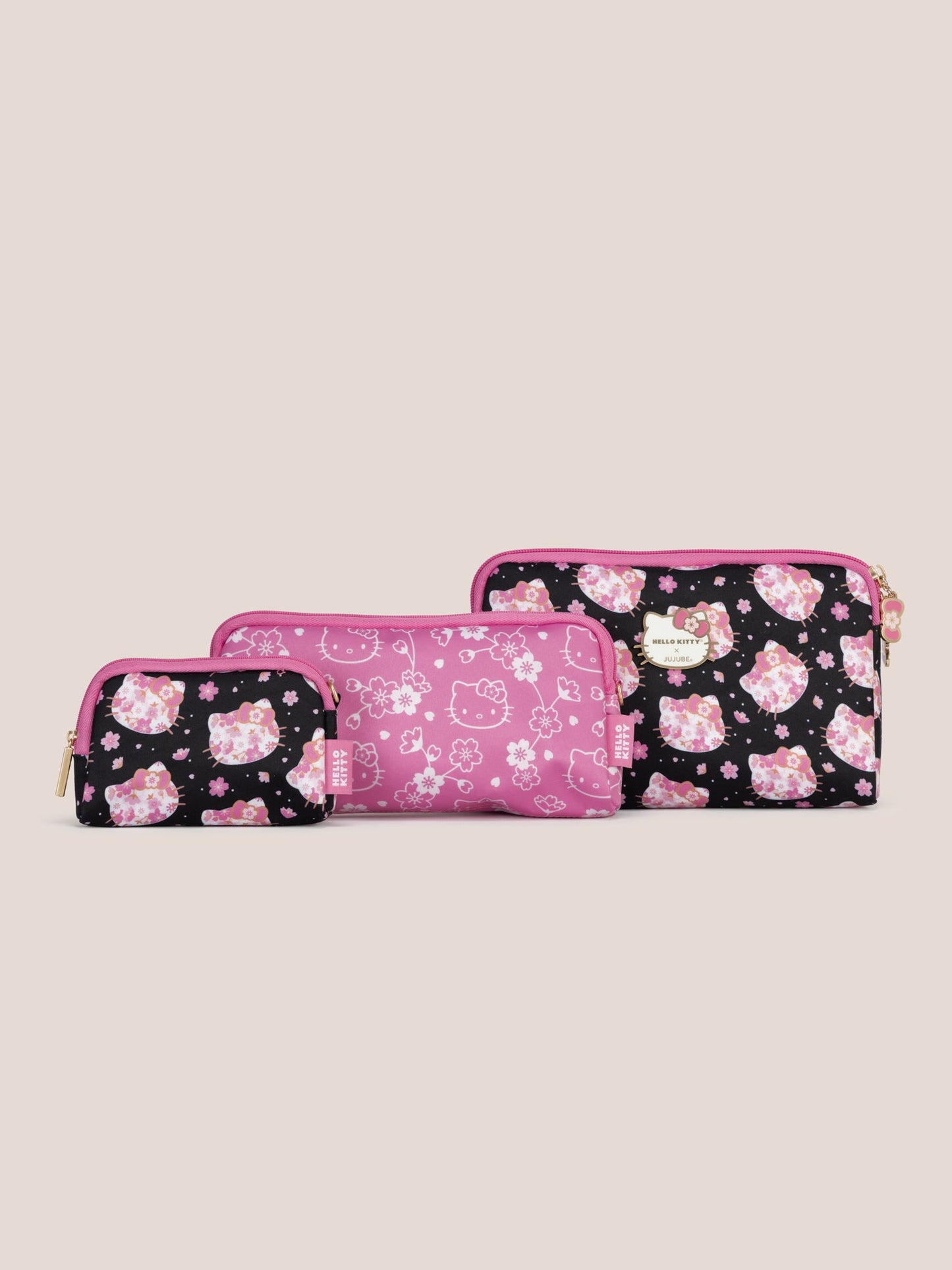 Hello Kitty® × JuJuBe Cherry Blossoms Be Set 3-Piece Pouch Set — Black and Pink
