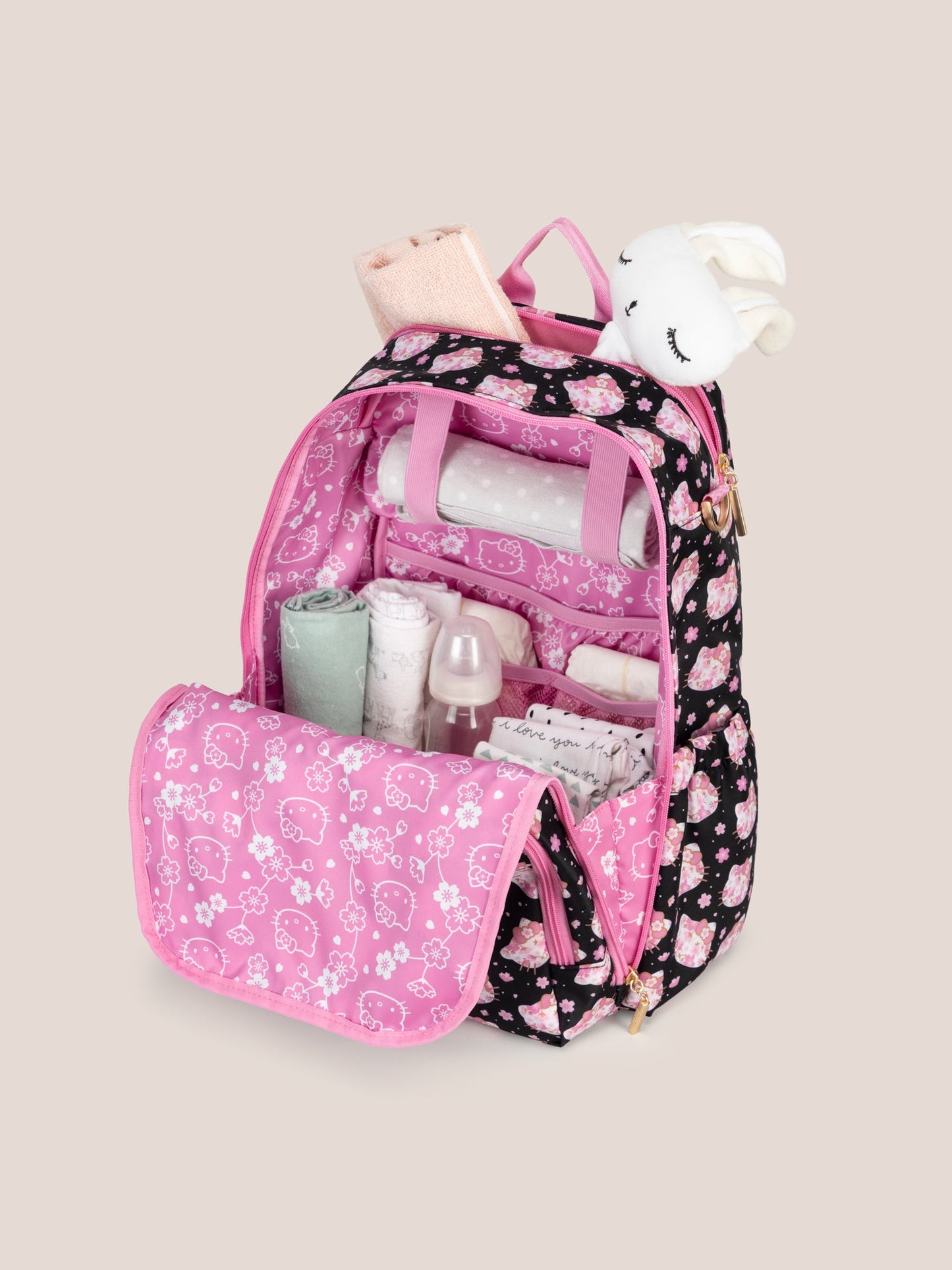 Hello Kitty® × JuJuBe Cherry Blossoms Zealous Backpack Diaper Bag — Black and Pink