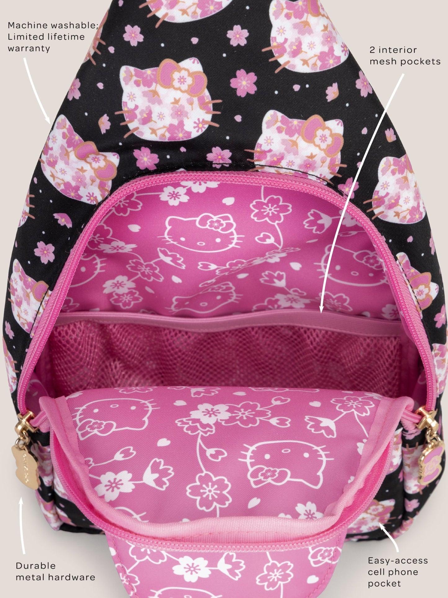 Hello Kitty® × JuJuBe Cherry Blossoms Crossbody Sling Diaper Bag — Black and Pink
