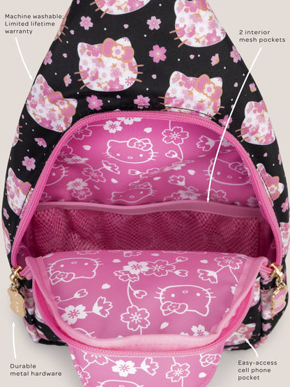 Hello Kitty® × JuJuBe Cherry Blossoms Crossbody Sling Diaper Bag — Black and Pink