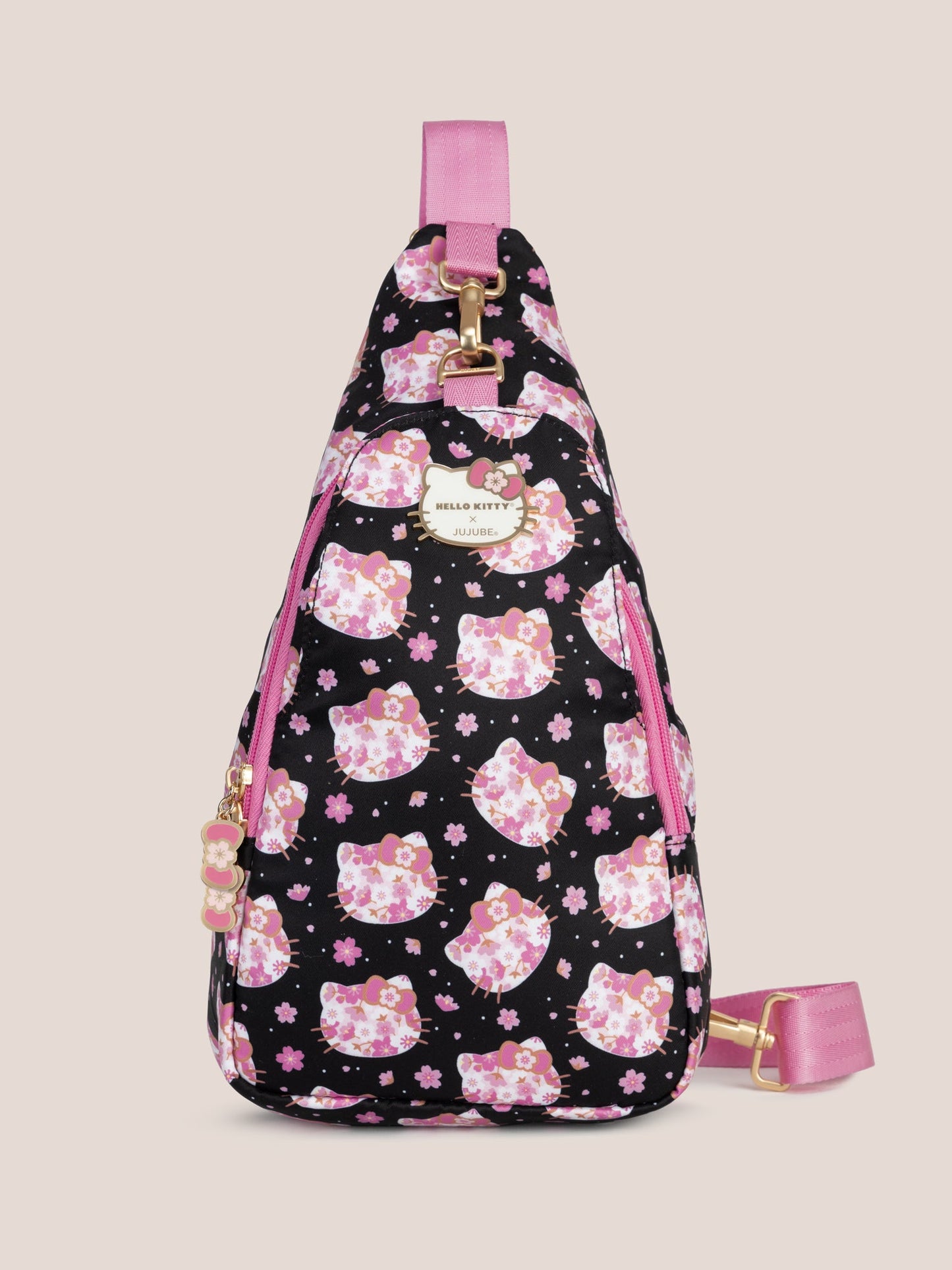 Hello Kitty® × JuJuBe Cherry Blossoms Crossbody Sling Diaper Bag — Black and Pink