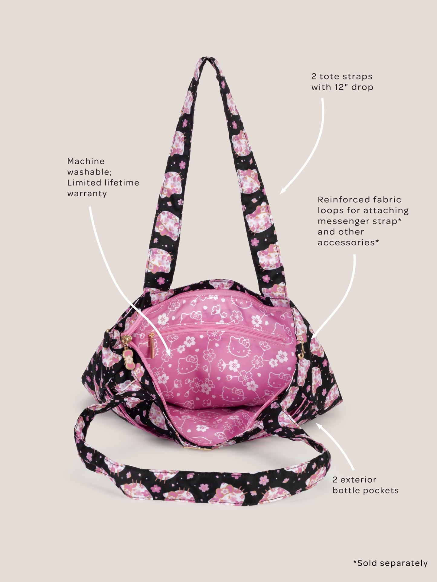 Hello Kitty® × JuJuBe Cherry Blossoms Be Light Diaper Bag Tote — Black and Pink