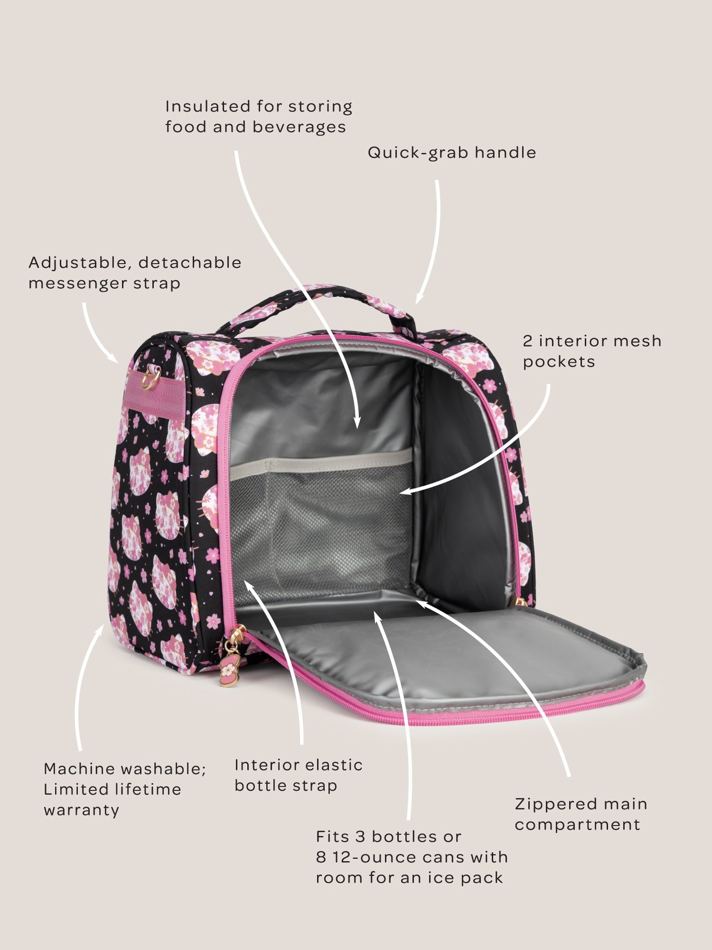 Hello Kitty® × JuJuBe Cherry Blossoms Insulated Bottle Bag – Black and Pink